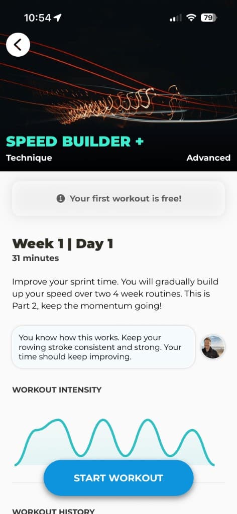 Speed Builder + rowing workout preview showing Week 1 schedule and intensity graph
