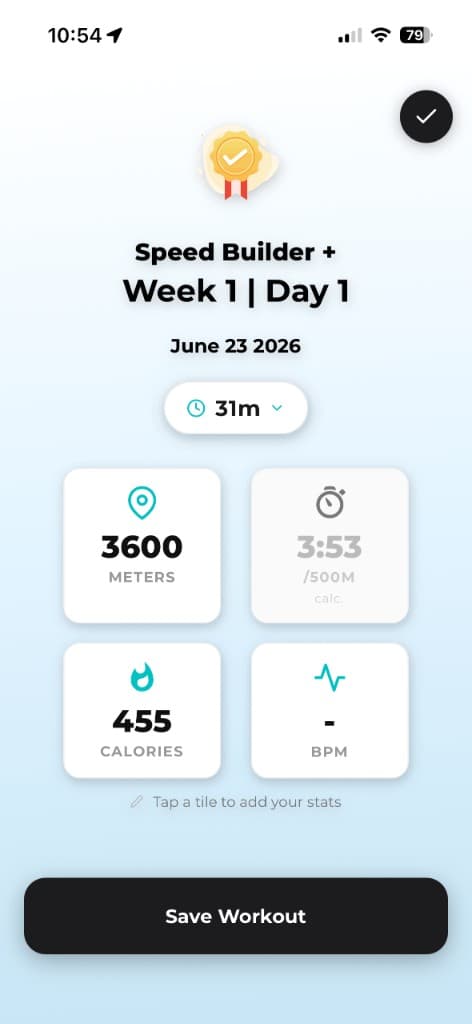 Completed rowing workout summary showing distance, split, calories, and heart rate