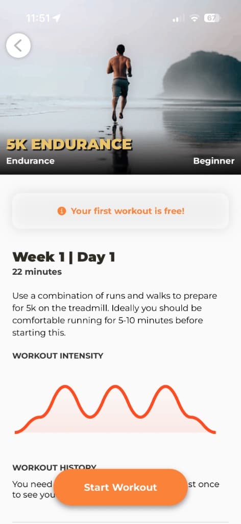 5K Endurance treadmill workout preview showing Week 1 walk-run intervals and intensity graph