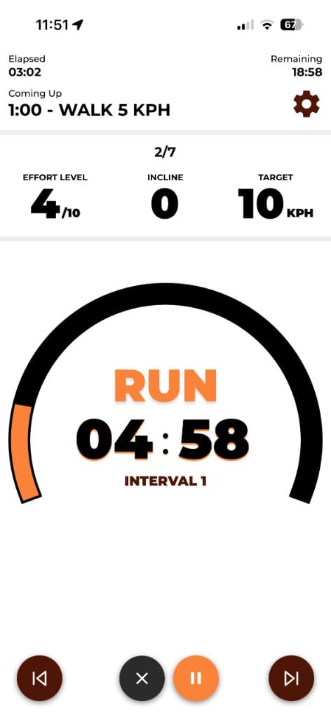 Live treadmill workout screen with walk-run interval timer and pace guidance