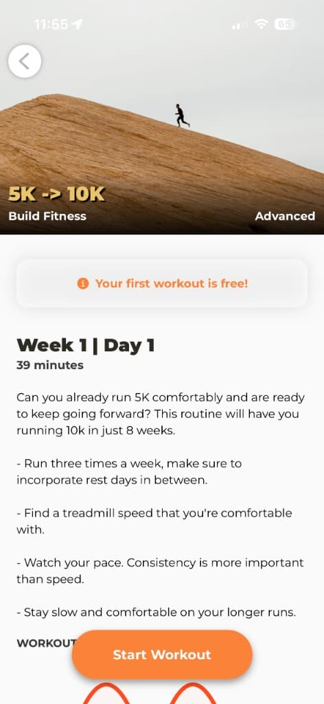 5K → 10K treadmill workout preview showing Week 1 walk-run intervals and intensity graph