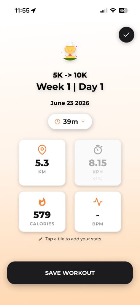 Completed treadmill workout summary showing distance, pace, calories, and heart rate