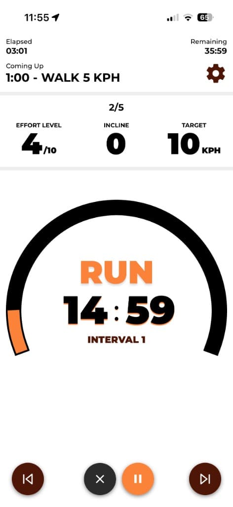 Live treadmill workout screen with walk-run interval timer and pace guidance