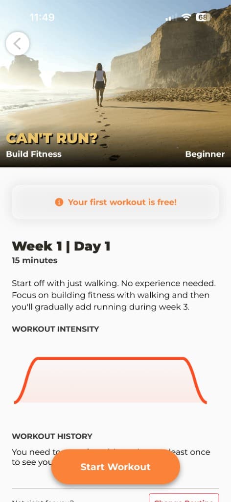 Can't Run? treadmill workout preview showing Week 1 walk-run intervals and intensity graph