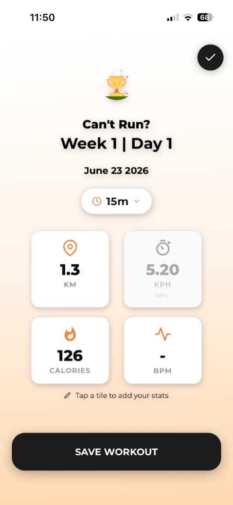 Completed treadmill workout summary showing distance, pace, calories, and heart rate