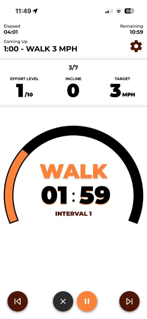 Live treadmill workout screen with walk-run interval timer and pace guidance