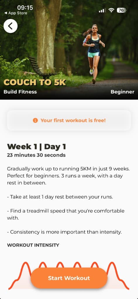Couch to 5K treadmill workout preview showing Week 1 Day 1 walk-run intervals and intensity graph