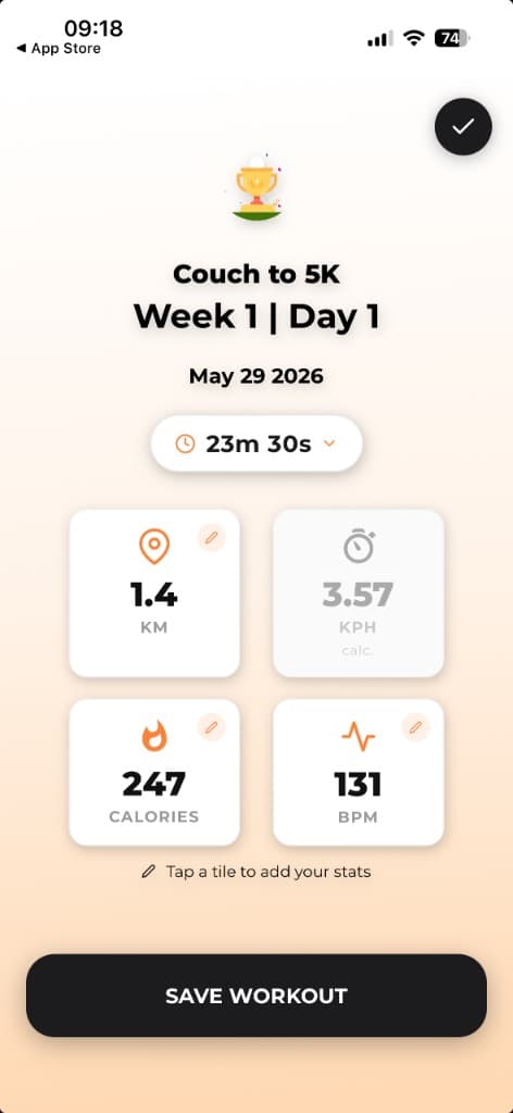 Completed Couch to 5K treadmill workout summary showing distance, pace, calories, and heart rate