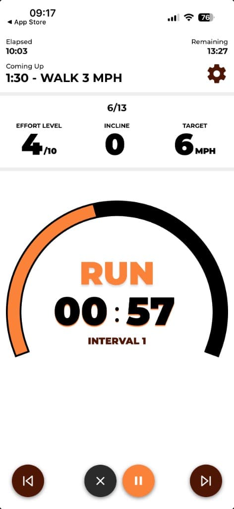 Live Couch to 5K treadmill workout showing run interval timer, target speed, and effort level