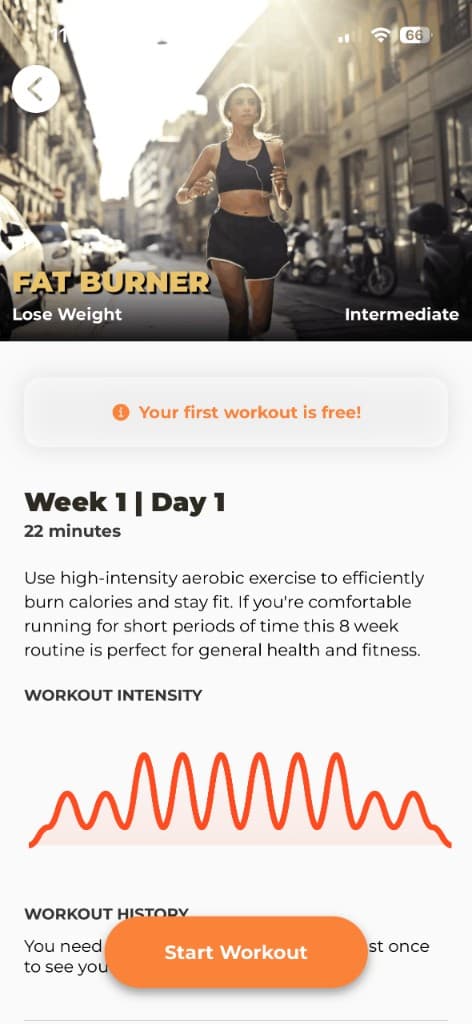 Fat Burner treadmill workout preview showing Week 1 walk-run intervals and intensity graph