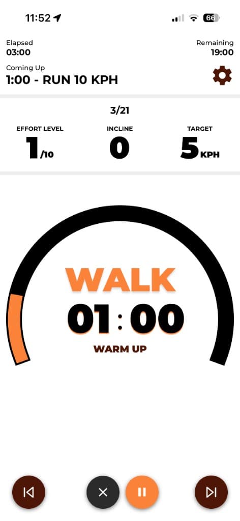 Live treadmill workout screen with walk-run interval timer and pace guidance