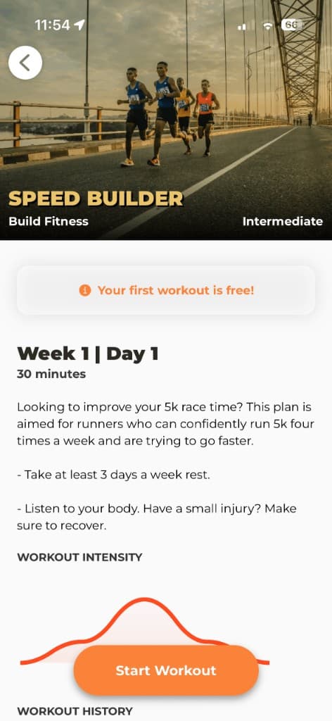 Speed Builder treadmill workout preview showing Week 1 walk-run intervals and intensity graph