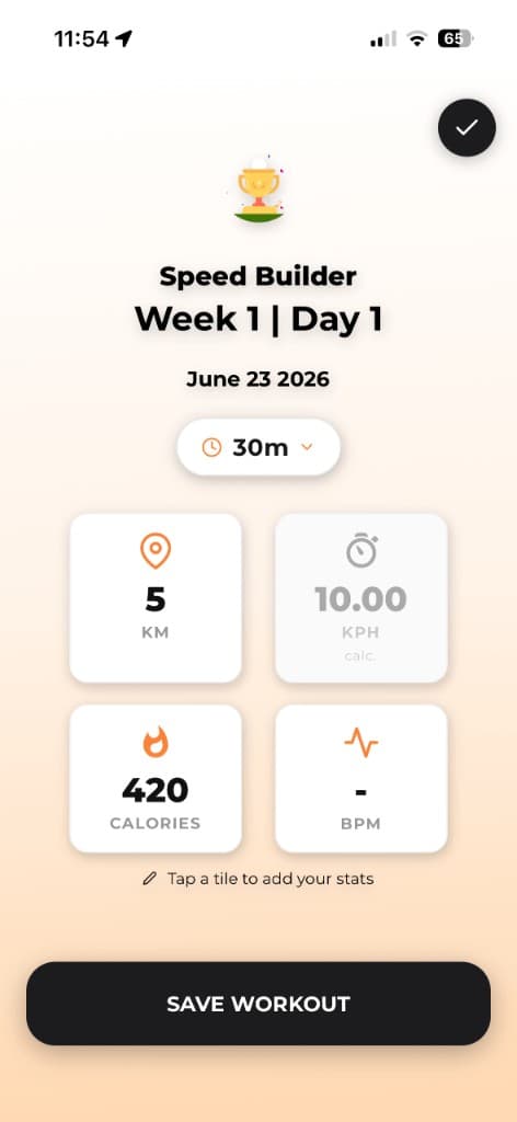Completed treadmill workout summary showing distance, pace, calories, and heart rate