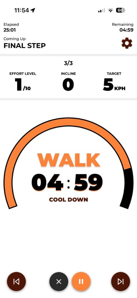 Live treadmill workout screen with walk-run interval timer and pace guidance