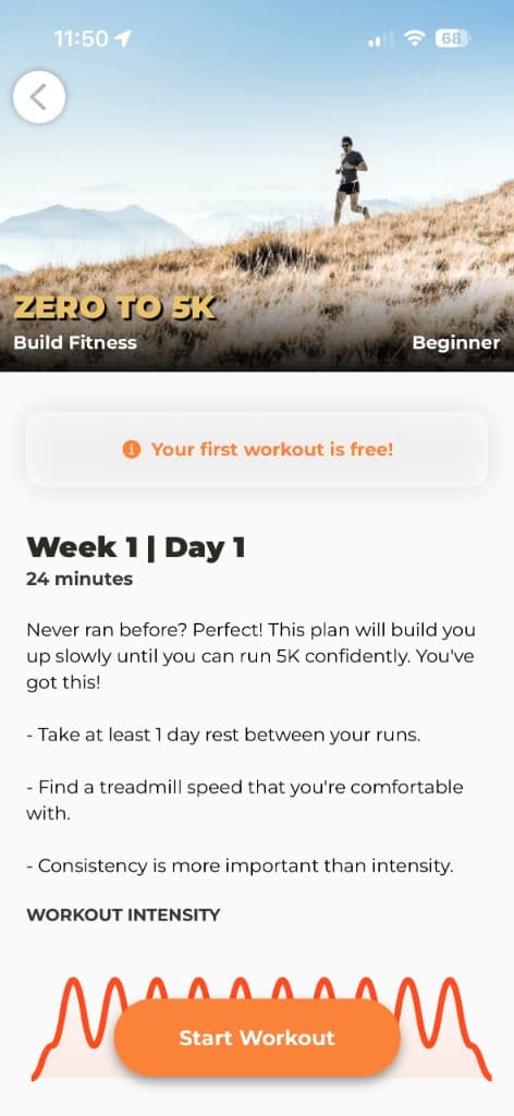 Zero to 5K treadmill workout preview showing Week 1 walk-run intervals and intensity graph