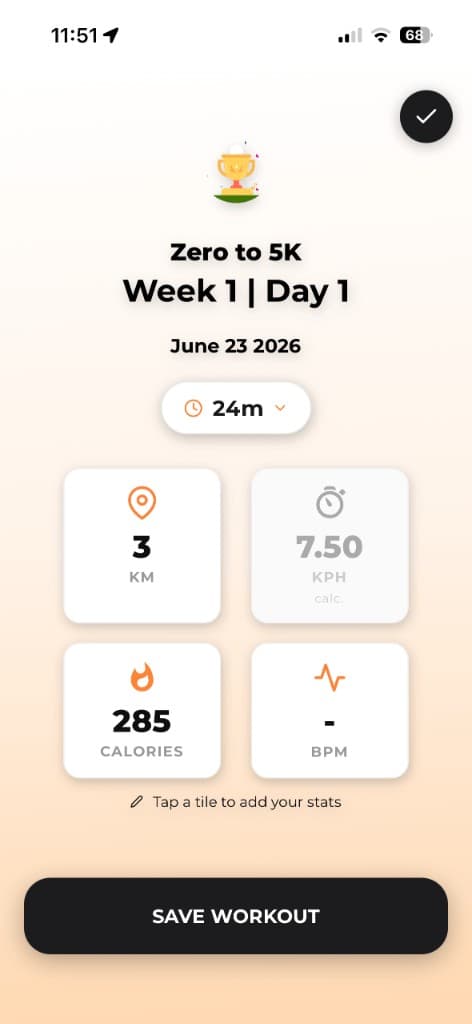 Completed treadmill workout summary showing distance, pace, calories, and heart rate