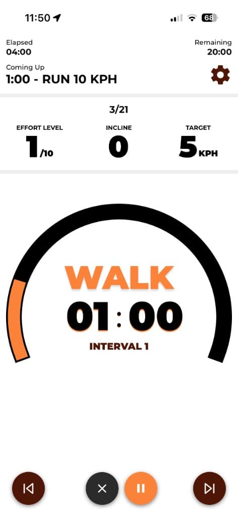 Live treadmill workout screen with walk-run interval timer and pace guidance